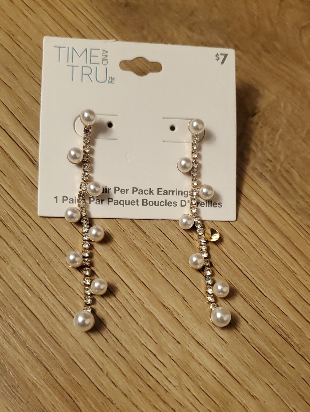 NWT Time and Tru Gold Pearl & Crystal Linear Drop Earrings - White Pearls